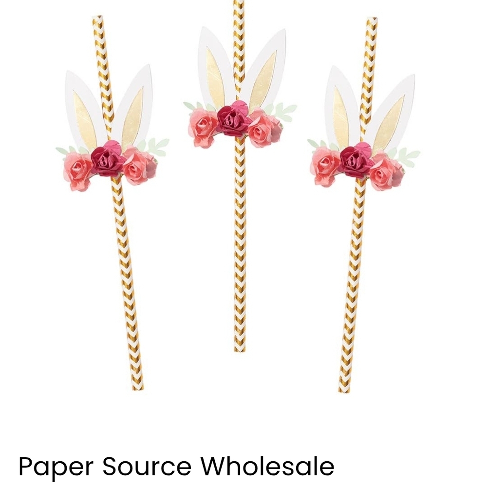 18-Paper Source Floral Bunny Ear Straws - Gold and Pink